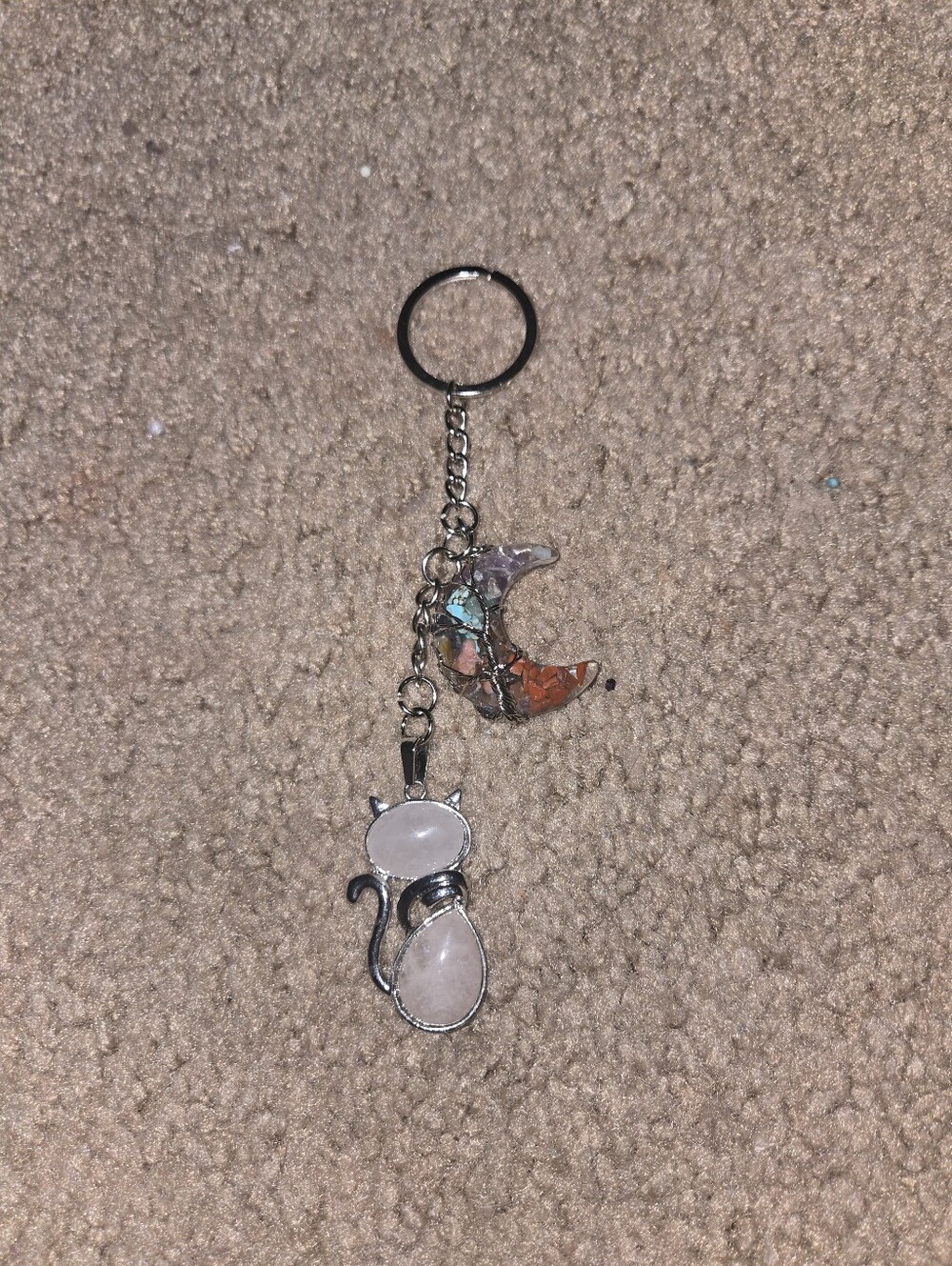 Handmade Moon & Cat Charm Keychain – Boho Celestial Bag Charm – Resin Stone 414